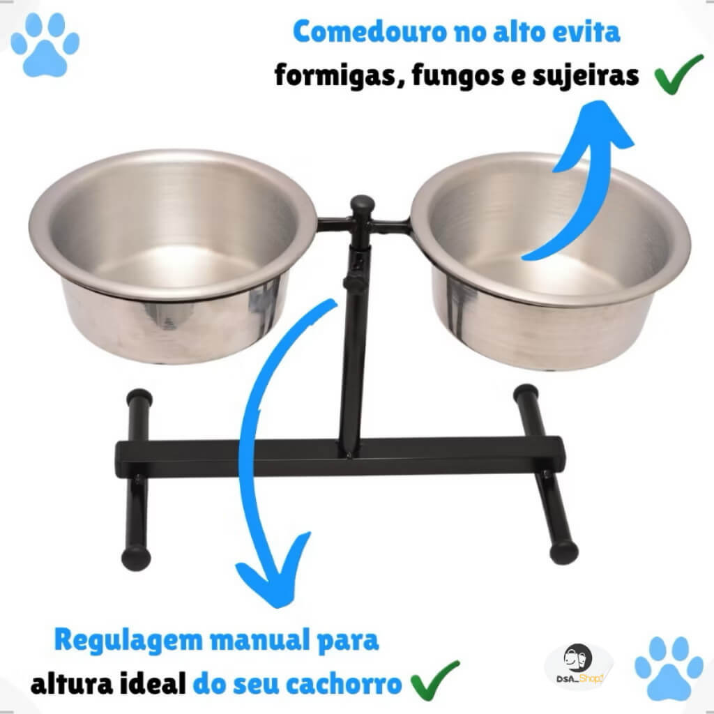 Comedouro Bebedouro Duplo Ajustável em Alumínio – Saúde e Conforto | ForPatas